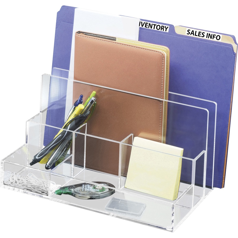 KTKAD245 - Desktop organizer features a clear construction that's made from polished acrylic to provide both style and durability. Two vertical sections keep your folders and binders easily accessible. Front compartments keep your pens, notepads, paper clips and more neatly organized. Versatile design can be used as a stand-alone item, or in combination with most letter trays up to 1/2" wide (sold separately).