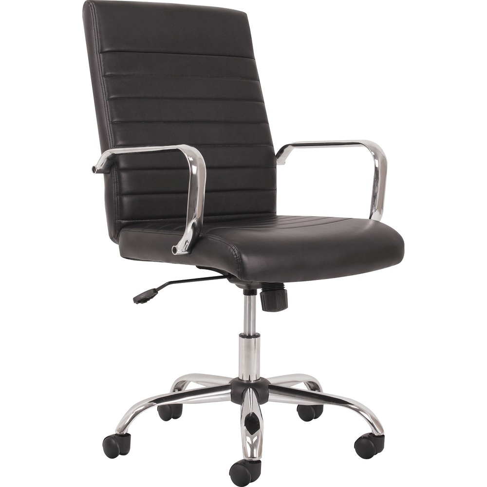 BSXVST511 - Part of the HON Sadie seating collection where quality meets value, this executive chair adds a sophisticated look to any work environment from the home office to the corporate boardroom. Horizontal lines stitched into the black leather padded seat and back create an upscale look and complement the chrome frame that looks right at home in either a modern, mid-century or a contemporary aesthetic. This chair is engineered for high-performance with an integral lumbar support that easily adjusts to enhance comfort and support lower back. The swivel-tilt control allows movement in any direction and a natural reclining position. Other functions include pneumatic seat-height adjustment, tilt tension and tilt lock. Durable casters on the five-star base provide freedom of movement throughout your work space. This chair meets or exceeds industry standards for safety and durability, More from the Manufacturer