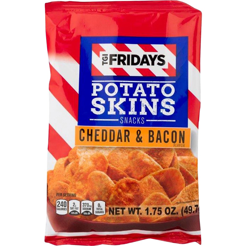 IVT30563 - Potato skins snack chips deliver big cheddar and bacon taste. The authentic flavors of your favorite appetizer is loaded onto thick, crispy chips that provide a satisfying crunch. These chips are free of trans fat, cholesterol and gluten-free. Potato skins snack chips are perfect for increasing office morale, impressing visitors and more.
