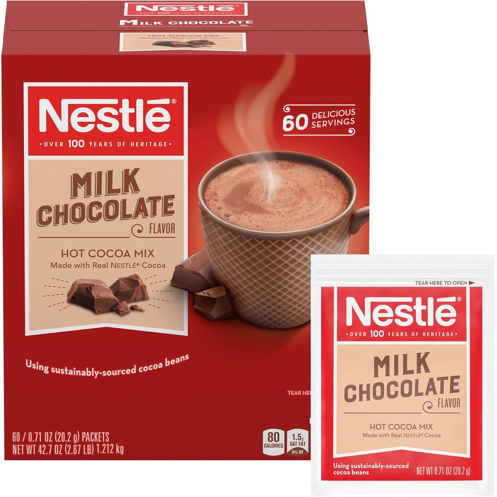 NES26791 - Nestle Milk Chocolate Hot Cocoa is a cost-effective, rich-tasting, chocolatey hot cocoa mix. Kosher dairy formula is made with real Nestle cocoa using sustainably sourced cocoa beans. Hot chocolate is part of the Nestle Cocoa Plan to promote better farming, better lives and better cocoa. Just add hot water or milk and treat yourself to a delicious, 99.9 percent caffeine-free cup of cocoa. Single-serve hot cocoa packets are perfect for offices, cafeterias, restaurants and more.