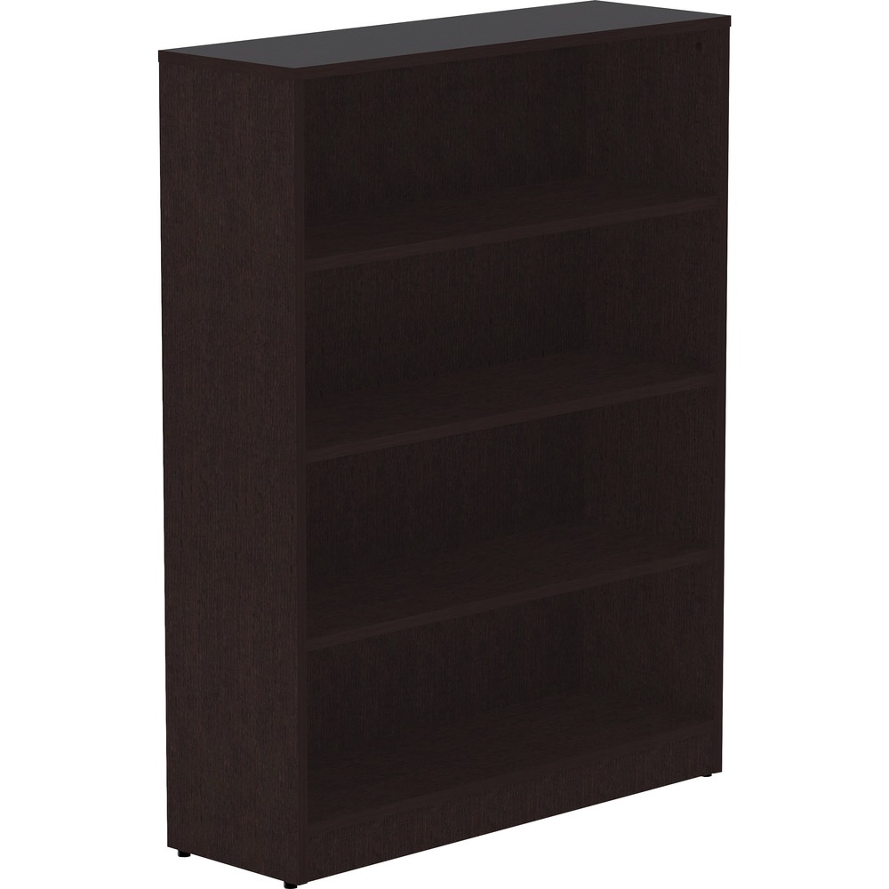 LLR18227 - Sturdy, four-shelf bookcase offers high-quality laminate construction and a contemporary design. Shelves are 3/4" thick and made of 18mm thick, medium-density fiberboard with thermally fused, Espresso laminate for long-lasting use. The visible, one-piece backing behind the shelves is made with 3mm thick, medium-density fiberboard and matching laminate. Both sides are finished. Bookcase features three adjustable shelves, one fixed bottom shelf, square edges and adjustable feet. Each shelf holds up to 75 lb.