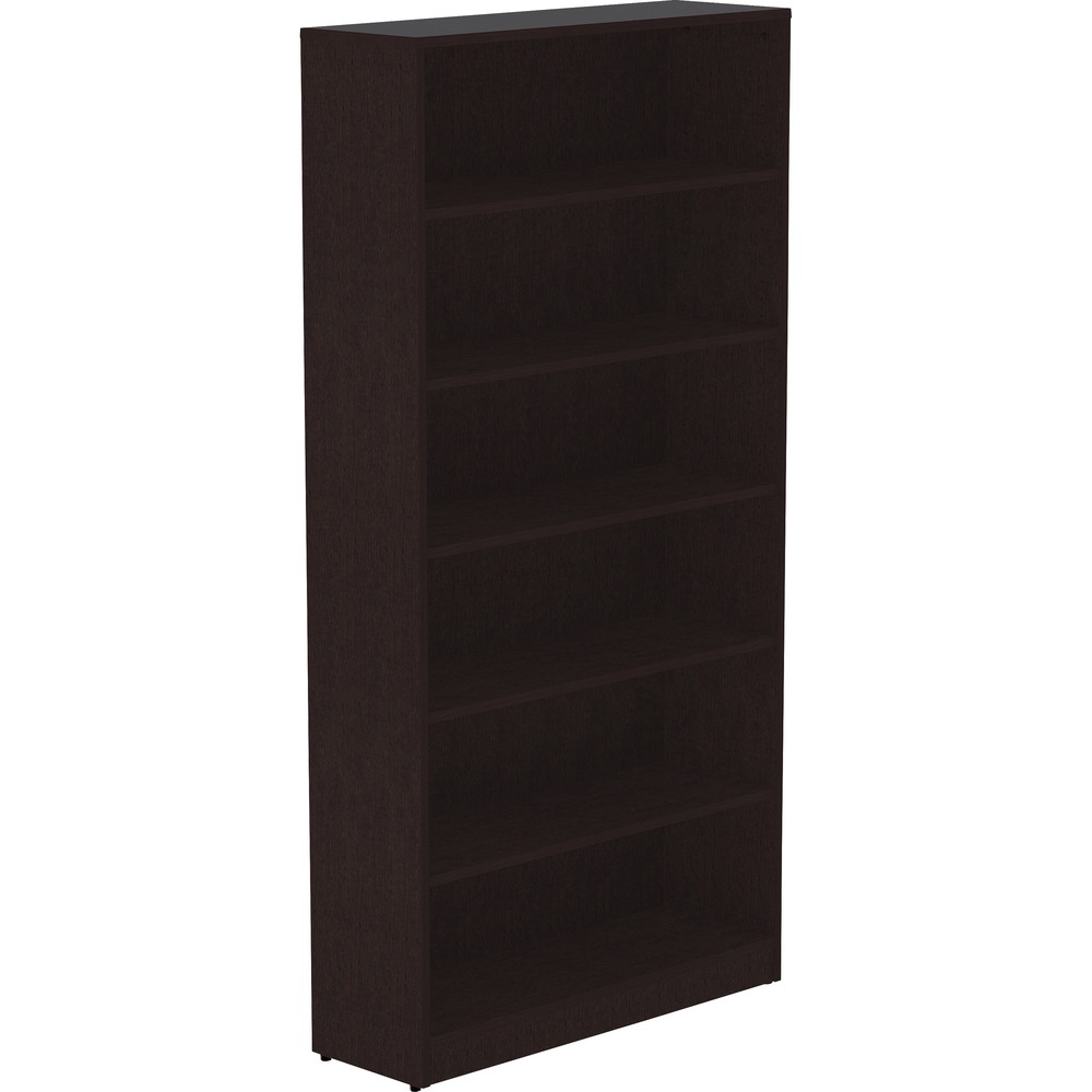 LLR18228 - Sturdy, six-shelf bookcase offers high-quality laminate construction and a contemporary design. Shelves are 3/4" thick and made of 18mm thick, medium-density fiberboard with thermally fused, Espresso laminate for long-lasting use. The visible, one-piece backing behind the shelves is made with 3mm thick, medium-density fiberboard and matching laminate. Both sides are finished. Bookcase features five adjustable shelves, one fixed bottom shelf, square edges and adjustable feet. Each shelf holds up to 75 lb.