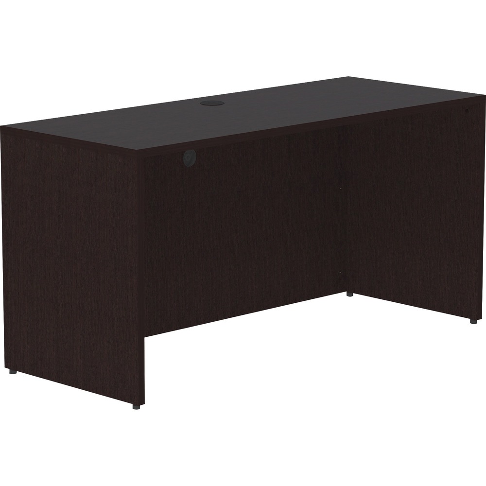 LLR18213 - Credenza shell is part of Lorell Essentials Series Laminate Furniture with high-quality laminate construction and metal-to-metal, cam-lock connections. Espresso laminate top is 1" thick for durability. Use the two grommet holes in the top for easy cord routing. Design also includes 96mm metal drawer pulls with a silver brush finish, 3mm PVC edges and adjustable feet.