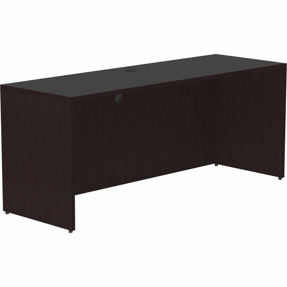 LLR18212 - Credenza shell is part of Lorell Essentials Series Laminate Furniture with high-quality laminate construction and metal-to-metal, cam-lock connections. Espresso laminate top is 1" thick for durability. Use the two grommet holes in the top for easy cord routing. Design also includes 96mm metal drawer pulls with a silver brush finish, 3mm PVC edges and adjustable feet.