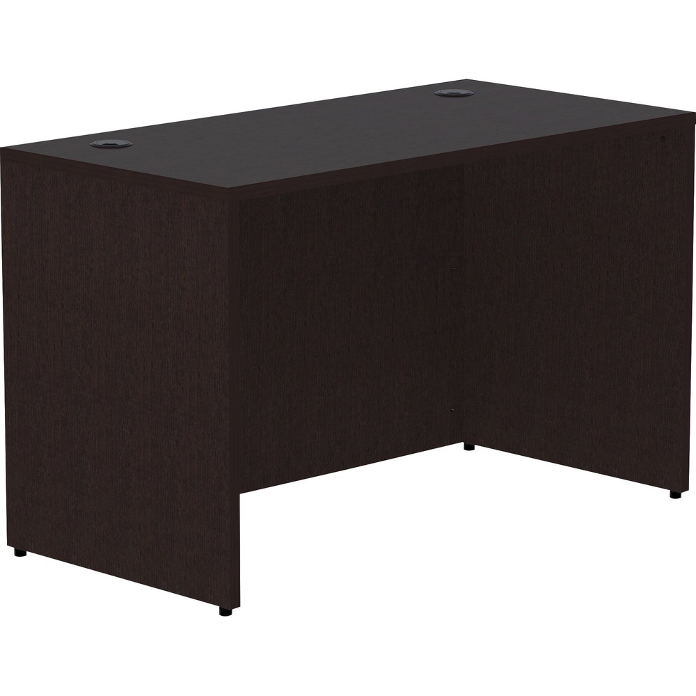 LLR18210 - Rectangular desk shell is part of Lorell Essentials Series Laminate Furniture with high-quality laminate construction and metal-to-metal, cam-lock connections. Espresso laminate top is 1" thick for durability and can be used in L-shaped configurations. Use the two grommet holes in the top for easy cord routing. Design also includes a full modesty panel for privacy, 3mm PVC edges and adjustable feet.