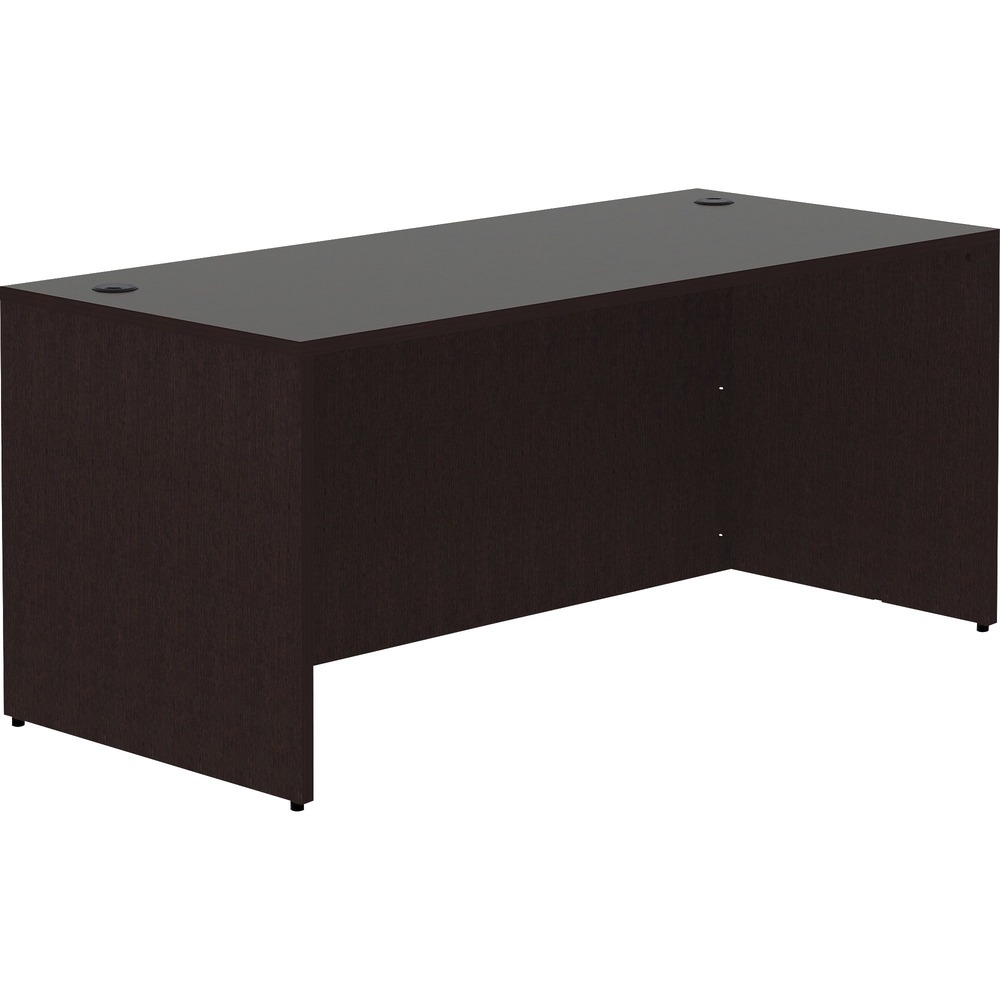 LLR18207 - Rectangular desk shell is part of Lorell Essentials Series Laminate Furniture with high-quality laminate construction and metal-to-metal, cam-lock connections. Espresso laminate top is 1" thick for durability. Use the two grommet holes in the top for easy cord routing. Design also includes a full modesty panel for privacy, 3mm PVC edges and adjustable feet.
