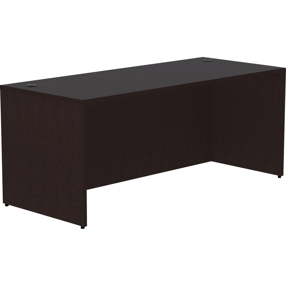 LLR18211 - Rectangular desk shell is part of Lorell Essentials Series Laminate Furniture with high-quality laminate construction and metal-to-metal, cam-lock connections. Espresso laminate top is 1" thick for durability. Use the two grommet holes in the top for easy cord routing. Design also includes a full modesty panel for privacy, 3mm PVC edges and adjustable feet.