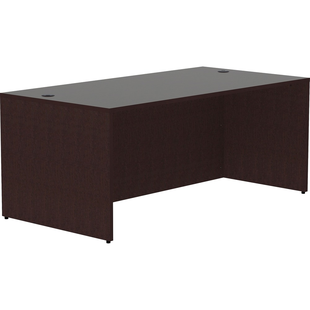 LLR18206 - Rectangular desk shell is part of Lorell Essentials Series Laminate Furniture with high-quality laminate construction and metal-to-metal, cam-lock connections. Espresso laminate top is 1" thick for durability. Use the two grommet holes in the top for easy cord routing. Design also includes a full modesty panel for privacy, 3mm PVC edges and adjustable feet.