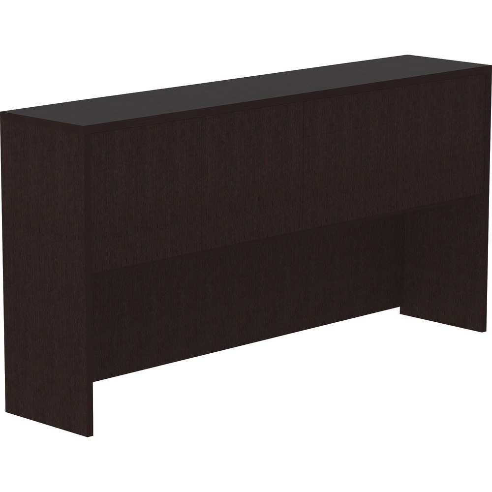 LLR18214 - Hutch with four doors is part of Lorell Essentials Series Laminate Furniture with high-quality laminate construction and metal-to-metal, cam-lock connections. Hutch easily attaches onto 72" wide credenzas and desk shells in this collection to expand your storage opportunities. Design includes one grommet for easy cord management, backing, Espresso laminate surfaces for durability and 3mm PVC edges.