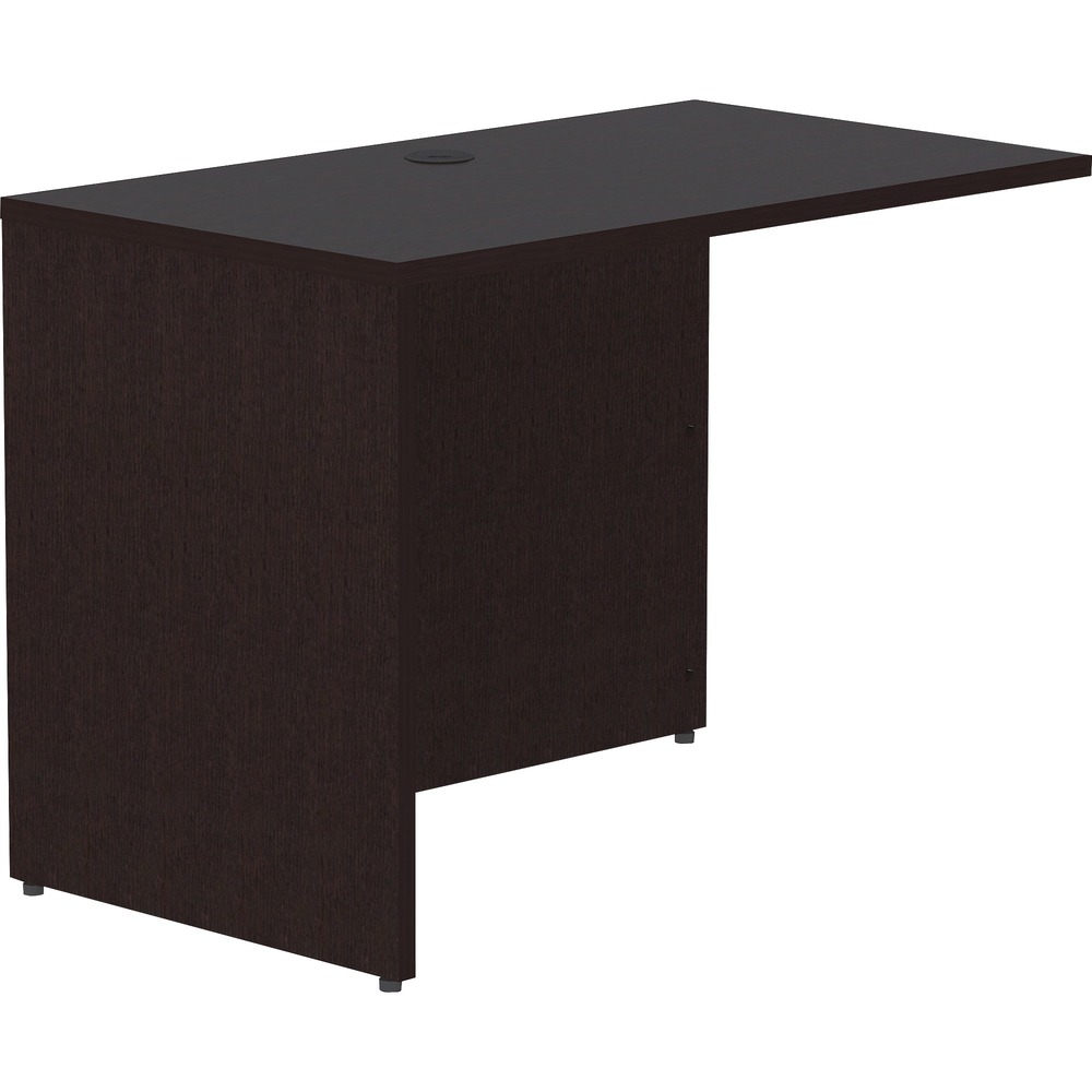 LLR18216 - Rectangular return shell is part of Lorell Essentials Series Laminate Furniture with high-quality laminate construction and metal-to-metal, cam-lock connections. Espresso laminate top is 1" thick for durability. It cannot be used freestanding. Use the grommet hole in the top for easy cord routing. Design also includes a full modesty panel for privacy, 3mm PVC edges and adjustable feet.