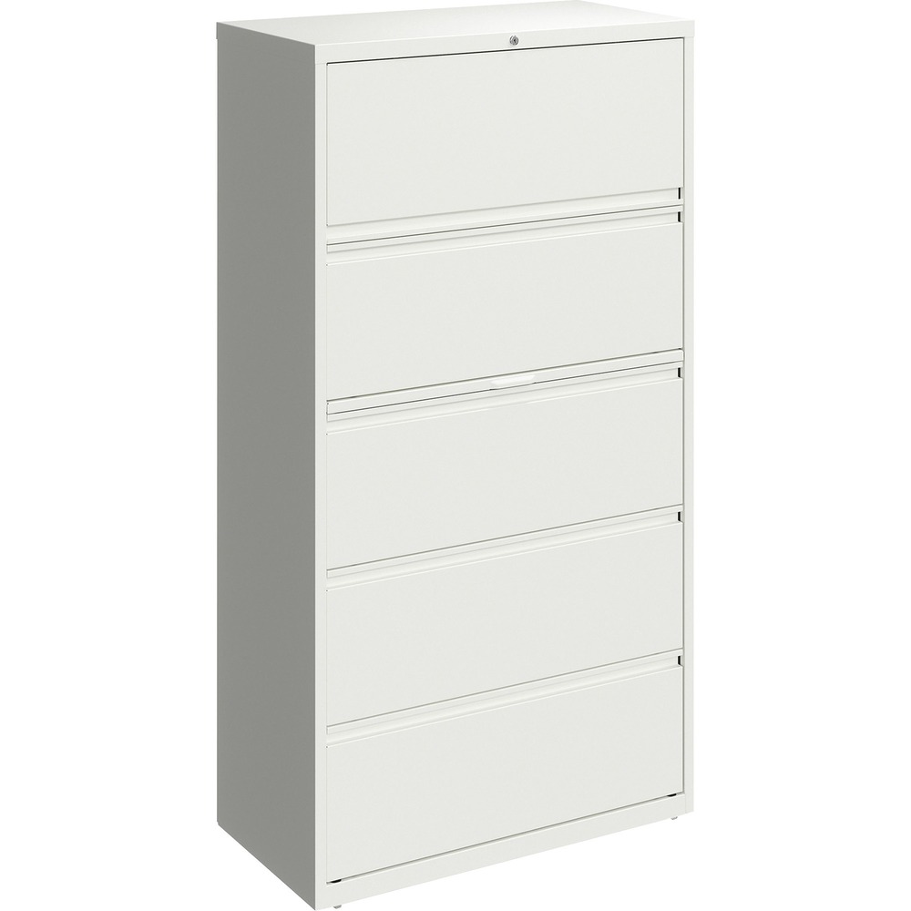 LLR00032 - 36" wide lateral file features a roll-out binder storage/posting shelf and four drawers with hanging file rails for side-to-side filing in letter-size, legal-size or A4-size for versatility. Each drawer has a magnetic label holder for easy identification where you need it. Design also features a core-removable lock for security, dual locking bars, full-width pull, ball-bearing slide suspension for smooth opening and closing, reinforced base, and four adjustable leveling guides for stabilization. Interlock system prohibits the extension of more than one drawer at a time for your safety. Counterweight prevents tipping. Lateral file meets or exceeds applicable ANSI/BIFMA standards.