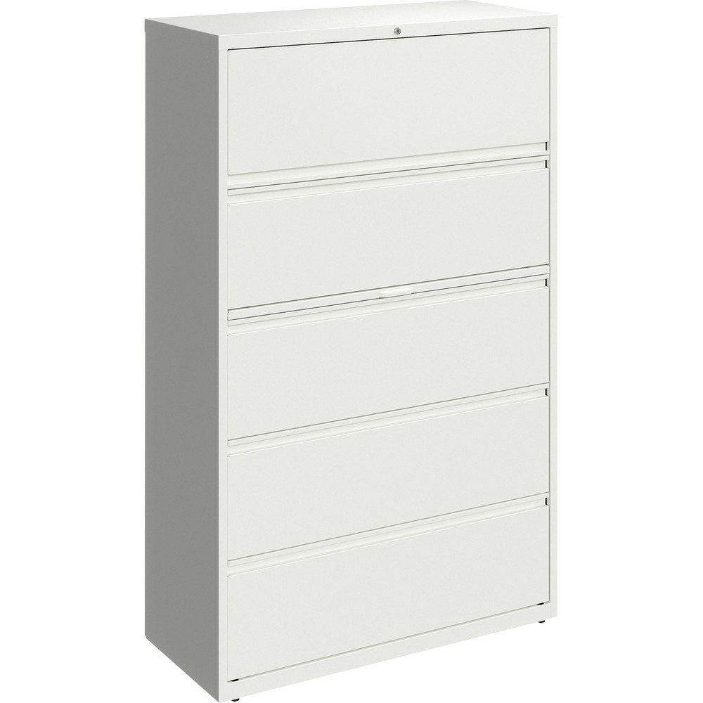 LLR00036 - 42" wide lateral file features a roll-out binder storage/posting shelf and four drawers with hanging file rails for side-to-side filing in letter-size, legal-size or A4-size for versatility. Each drawer has a magnetic label holder for easy identification where you need it. Design also features a core-removable lock for security, dual locking bars, full-width pull, ball-bearing slide suspension for smooth opening and closing, reinforced base, and four adjustable leveling guides for stabilization. Interlock system prohibits the extension of more than one drawer at a time for your safety. Counterweight prevents tipping. Lateral file meets or exceeds applicable ANSI/BIFMA standards.