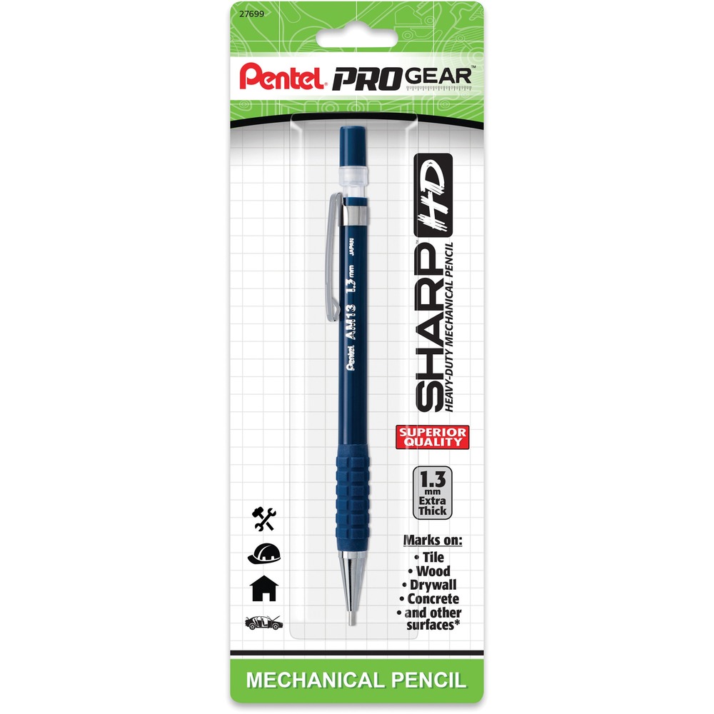 PENAM13PGLBP - Strong, heavy-duty, high-quality pencil with extra-thick lead writes smooth, dark lines. It is pre-loaded with Pentel Super Hi-Polymer lead (1.3mm). Durable metal tip and 4mm sleeve stabilizes lead to prevent breakage and makes this heavy-duty mechanical pencil perfect for use with templates and rulers. Sturdy metal clip withstands repeated use. Latex-free engineered grip is designed for writing comfort. PROGear Mechanical Pencil is perfect for marking different types of surfaces, such as wood, drywall, tile and more. It is refillable with Pentel Z2-1N eraser and Pentel Super Hi-Polymer lead.