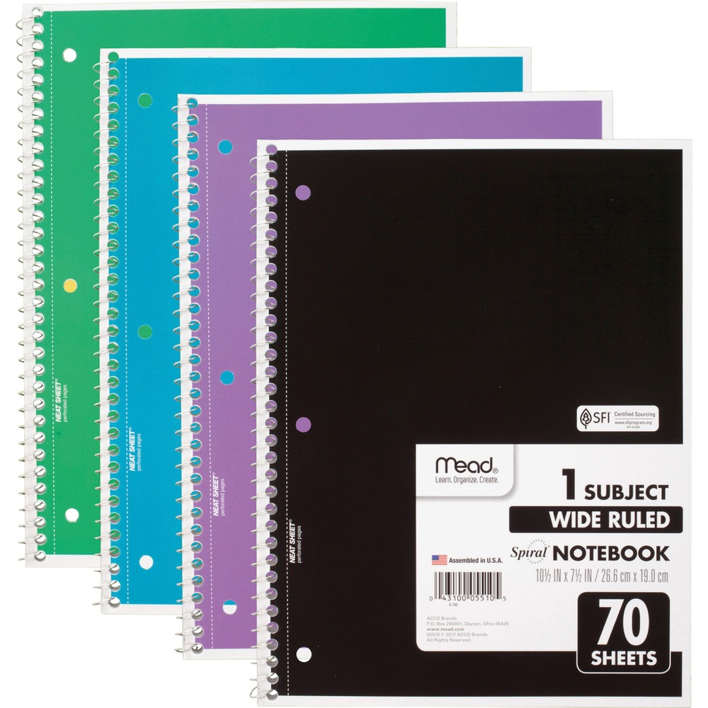 MEA72873 - Wire-bound notebook features durable, coated covers to keep your notes protected all year long. Wide-ruled, high-quality paper resists ink bleed to help keep your writing legible. Neat sheet pages are perforated for clean, consistent removal. Spiral lock wire prevents the coil from snagging onto your clothing or backpack. 70-page, one-subject notebook is perfect for projects, classes, office meetings and more.