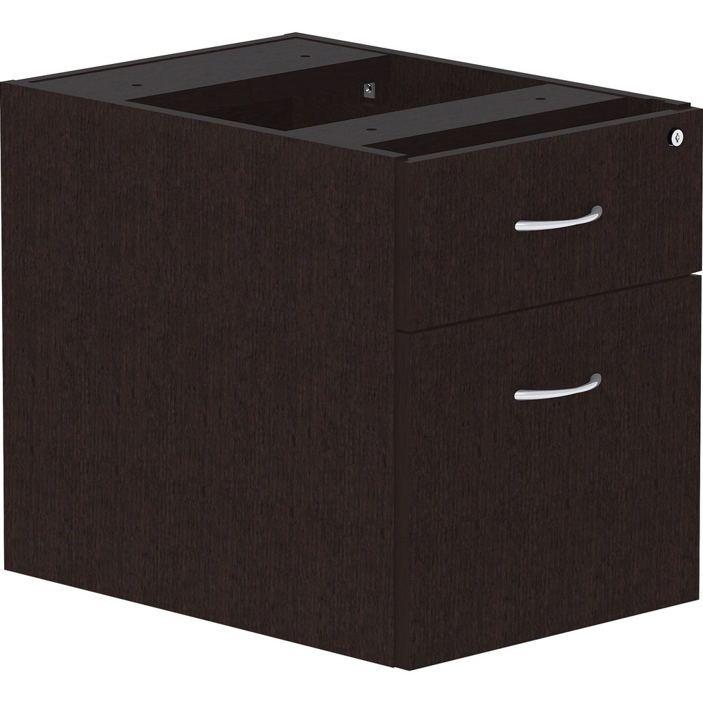 LLR18222 - Hanging pedestal is part of Lorell Essentials Series Laminate Furniture with high-quality laminate construction and metal-to-metal, cam-lock connections. Pedestal includes one box drawer and one filing drawer that accommodates letter-size and legal-size files with included hangrails. Both drawers offer full extension and roll smoothly on steel ball bearings. Design also includes central locking, Espresso laminate for durability, 3mm PVC edges and adjustable feet. Pedestal cannot be used freestanding and must be attached to a desk, credenza or return in this series. Predrilled holes with metal inserts offer easy attachment by screws.