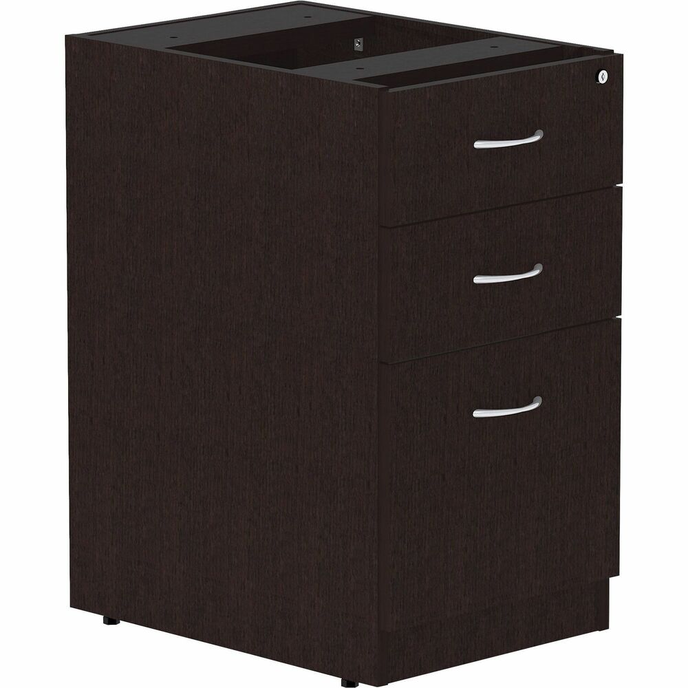 LLR18220 - Fixed pedestal is part of Lorell Essentials Series Laminate Furniture with high-quality, Espresso laminate construction. Pedestal offers a box/box/file design to store office supplies and important files. The file drawer includes hangrails and holds letter-size and legal-size hanging files. Design also includes 96mm metal drawer pulls with a silver brush finish and 3mm PVC edges. Pedestal attaches to the underside of the top of an Essentials Series desk, credenza or return with the included fasteners and extends to the floor. It does not have a top and should not be used alone.
