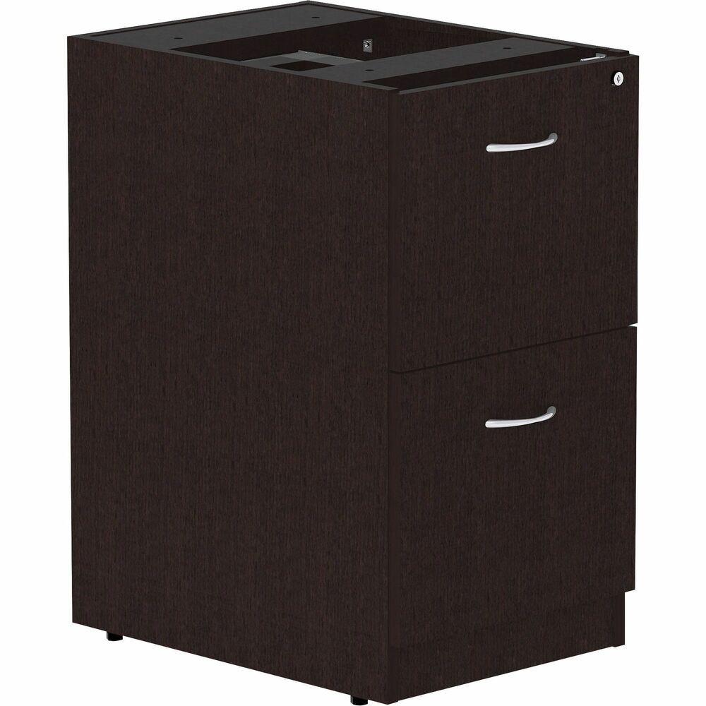 LLR18221 - Fixed pedestal is part of Lorell Essentials Series Laminate Furniture with high-quality, Espresso laminate construction. Pedestal includes two file drawers to store important files. Each file drawer includes hangrails and holds letter-size and legal-size hanging files. Design also includes heavy-duty, ball-bearing suspension; 96mm metal drawer pulls with a silver brush finish; and 3mm PVC edges. Pedestal attaches to the underside of the top of an Essentials Series desk, credenza or return with the included fasteners and extends to the floor. It does not have a top and should not be used alone.