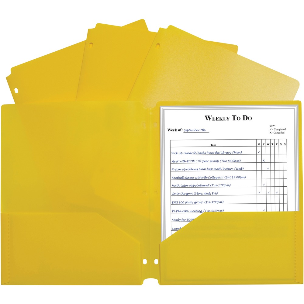 CLI33936 - With the help of this two-pocket folder, your letter-size papers can stay organized while still remaining accessible in your three-ring binder. Heavyweight polypropylene material resists tearing for long-lasting organization. Cutouts at the top and bottom keep it from being caught in your binder's open-close mechanism. Pre-punched edge allows easy organization in your three-ring binder.