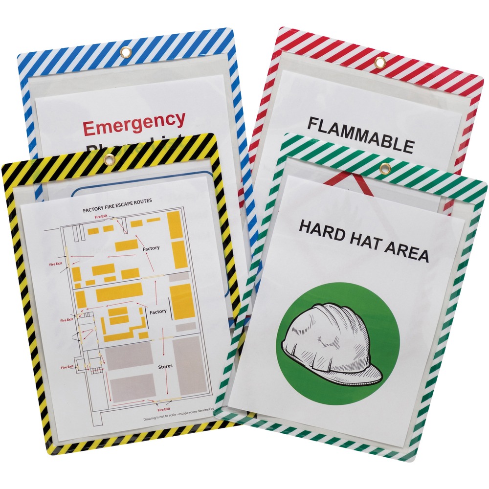 CLI44100 - Shop ticket holders feature a unique pattern with colored stripes to instantly make your signs stand out. The bright colors help draw employee or visitor attention to the information displayed. Welded, nonrip seams hold up even in rough environments for lasting use. Metal eyelet at the top allows you to display this holder in a visible location. Shop ticket holders in assorted colors are perfect for showcasing safety signs, corporate notices, maps and more.