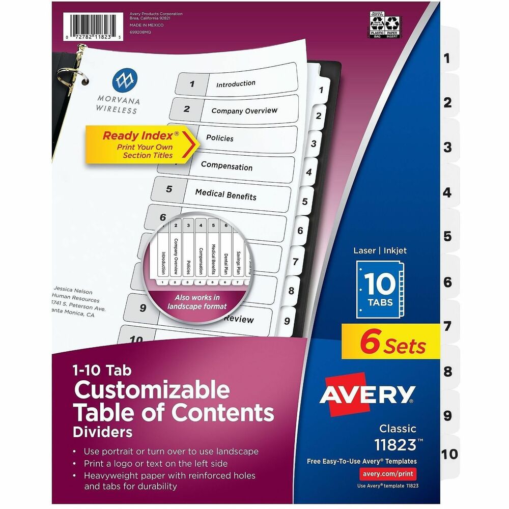 AVE11823 - Organize your documents quickly and easily using these Ready Index Dividers with customizable table of contents. No tab inserts or labels are needed. Double-sided section title page and tab dividers provide the flexibility to use the dividers in either a portrait or landscape format. White tabs feature the numbers 1 through 10 preprinted in black for easy access. Heavyweight paper, double-sided reinforced holes and extended tab reinforcements provide added durability. Dividers are great for project binders, meeting materials, reference or training manuals, archiving and more. Easily customize your table of contents page with a logo, name, date or project title using free online templates and designs.
