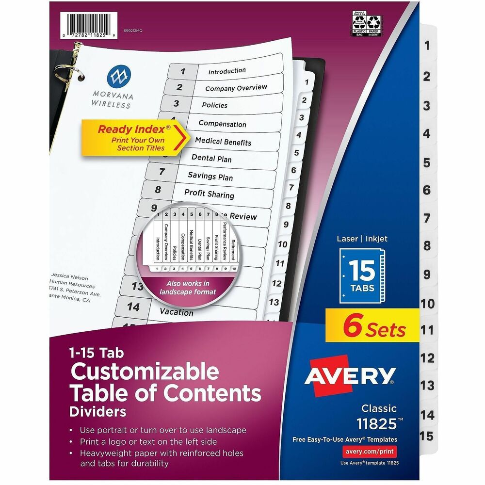 AVE11825 - Organize your documents quickly and easily using these Ready Index Dividers with customizable table of contents. No tab inserts or labels are needed. Double-sided section title page and tab dividers provide the flexibility to use the dividers in either a portrait or landscape format. White tabs feature the numbers 1 through 15 preprinted in black for easy access. Heavyweight paper, double-sided reinforced holes and extended tab reinforcements provide added durability. Dividers are great for project binders, meeting materials, reference or training manuals, archiving and more. Easily customize your table of contents page with a logo, name, date or project title using free online templates and designs.