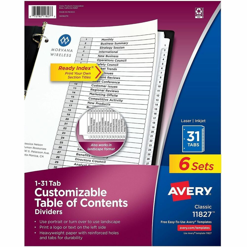 AVE11827 - Organize your documents quickly and easily using these Ready Index Dividers with customizable table of contents. No tab inserts or labels are needed. Double-sided section title page and tab dividers provide the flexibility to use the dividers in either a portrait or landscape format. White tabs feature the numbers 1 through 31 preprinted in black for easy access. Heavyweight paper, double-sided reinforced holes and extended tab reinforcements provide added durability. Dividers are great for project binders, meeting materials, reference or training manuals, archiving and more. Easily customize your table of contents page with a logo, name, date or project title using free online templates and designs.