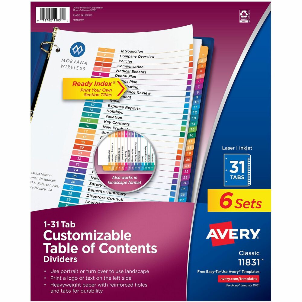 AVE11831 - Organize your documents quickly and easily using these Ready Index Dividers with customizable table of contents. No tab inserts or labels are needed. Double-sided section title page and tab dividers provide the flexibility to use the dividers in either a portrait or landscape format. Colorful, arched tabs feature the numbers 1 through 31 preprinted for easy access. Heavyweight paper, double-sided reinforced holes and extended tab reinforcements provide added durability. Dividers are great for project binders, meeting materials, reference or training manuals, archiving and more. Easily customize your table of contents page with a logo, name, date or project title using free online templates and designs.