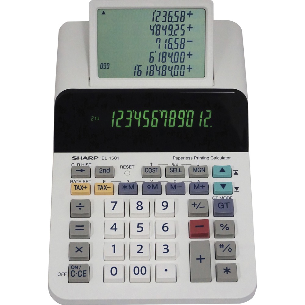 SHREL1501 - Paperless printing calculator with a 12-digit display features a unique, powerful design that combines the power of a printing calculator with the functionality of a desktop calculator. The large five-line, secondary LCD allows you to scroll back and forth up to 300 lines to refer back to your previous calculations. Cost/sell/margin keys simplify profit margin calculations by allowing you to simply enter two variables to automatically show the third variable. Battery-operated design with included batteries eliminates the need for an electric cord to use this calculator anywhere you need. Contoured keyboard helps you accurately input data for easy calculations. Calculator also includes four-key memory, tax keys, change sign key, backspace key, grand total with selector, rounding function and more.