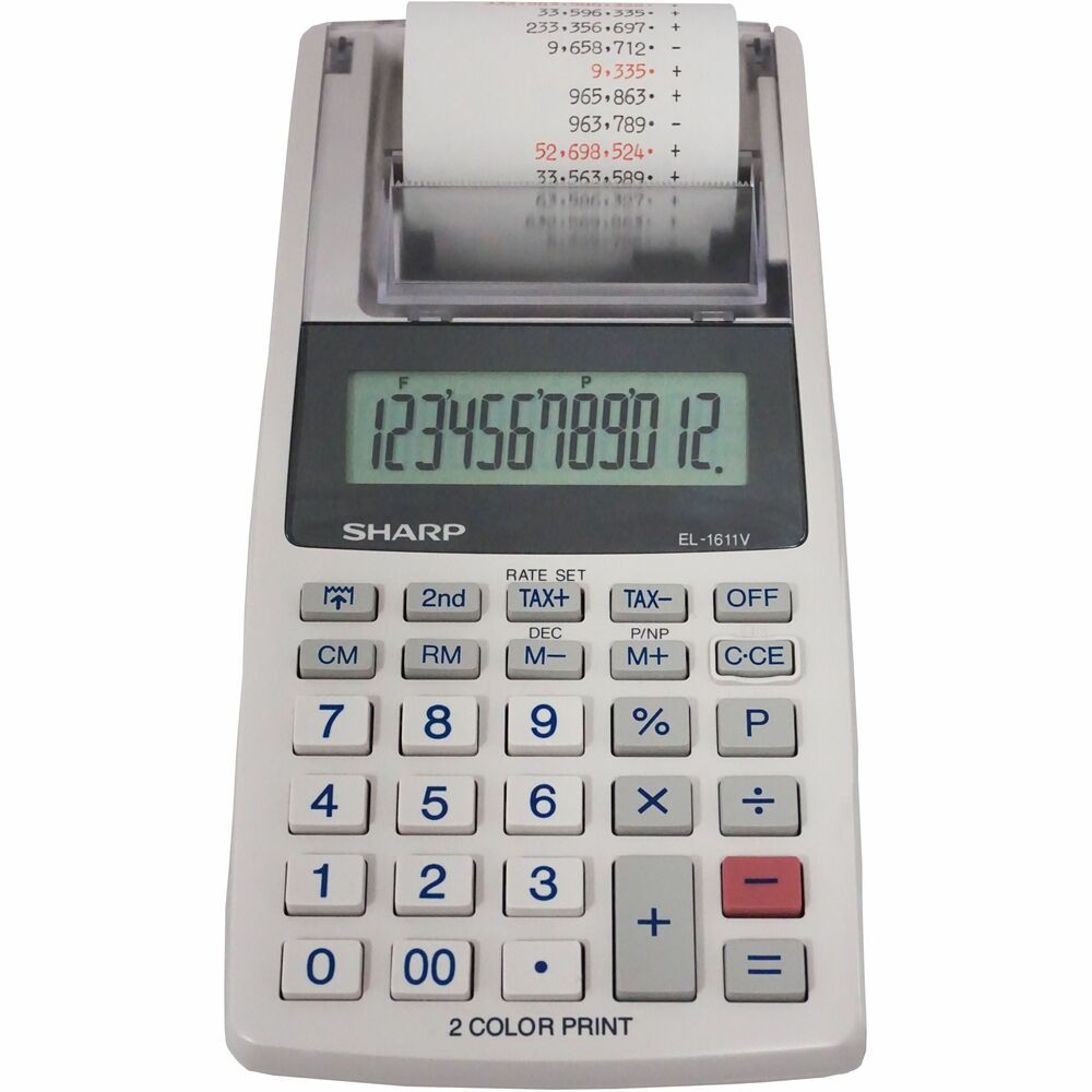 Sharp EL-1611V 12-digit Mini Printing Calculator - Dual Color Print - Black/Red Print - 2 lps - 4-Key Memory, Lightweight, Dual Power, Compact, Cordless - 12 Digits - LCD - Battery/Power Adapter Powered - 4 x AA - 1.7" Height x 3.9" Width x 7.5" Depth - O