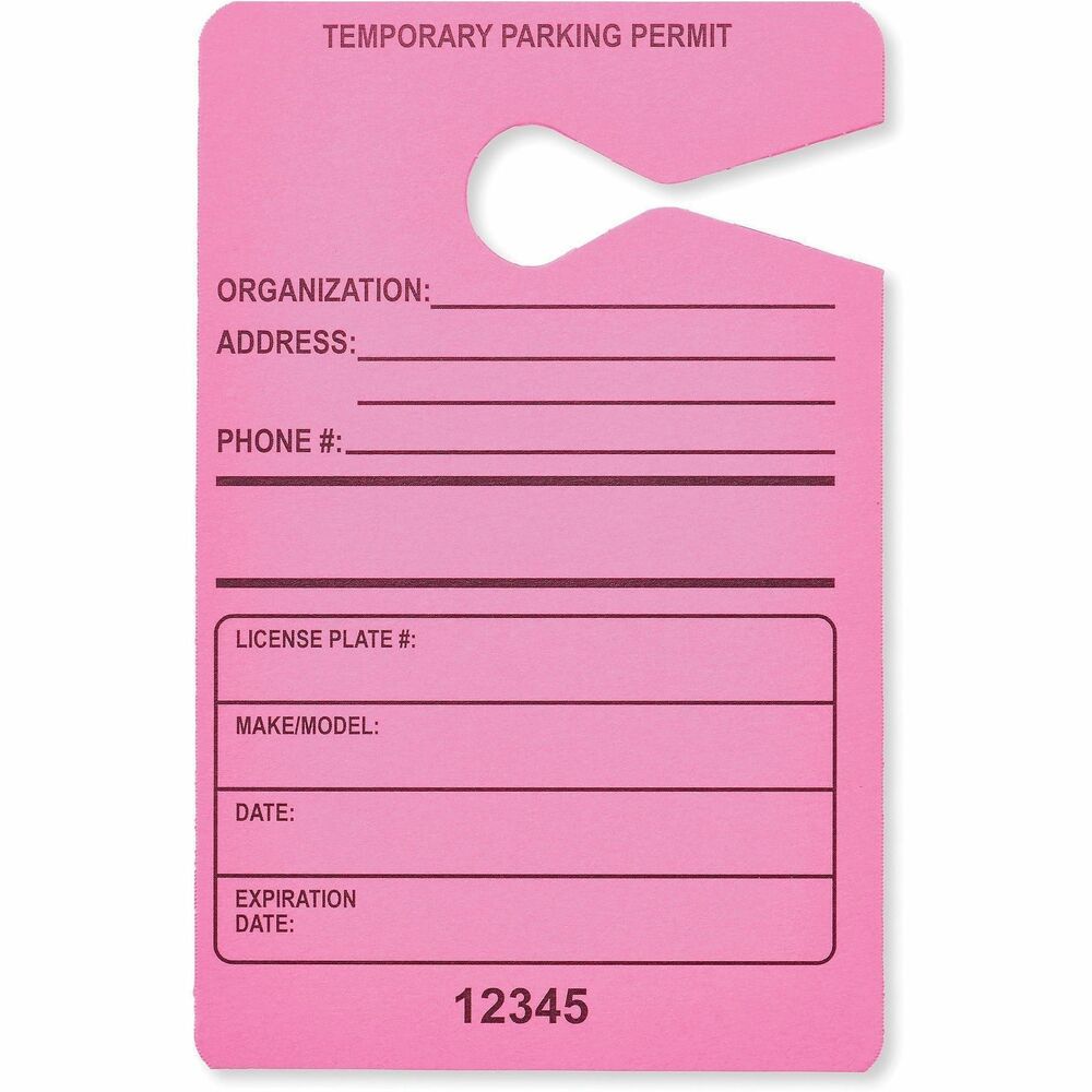 TCO21400 - Temporary parking permit hangs from a rear-view mirror for easy visibility. A separate area for stamping your organization name and address allows you to quickly identify the permit. Date and expiration date section help you easily track expired permits. Bright, fluorescent color stands out to ensure your permit is seen. Parking permit also includes a space for the license plate number, vehicle make and model.