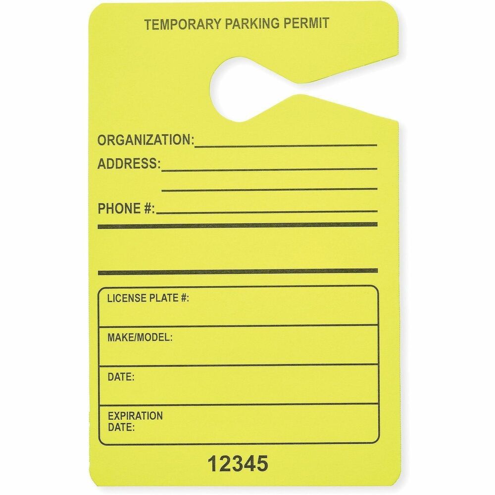 TCO21700 - Temporary parking permit hangs from a rear-view mirror for easy visibility. A separate area for stamping your organization name and address allows you to quickly identify the permit. Date and expiration date section help you easily track expired permits. Bright, fluorescent color stands out to ensure your permit is seen. Parking permit also includes a space for the license plate number, vehicle make and model.