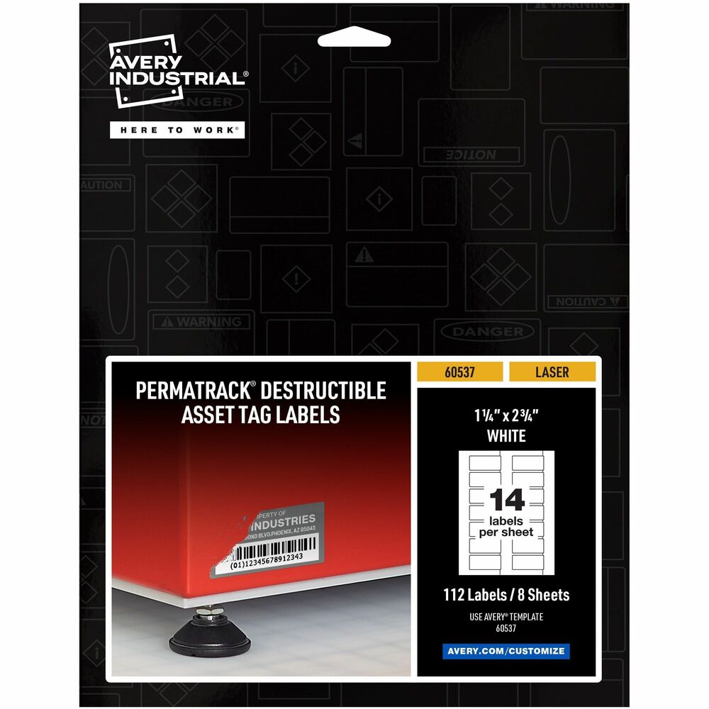 AVE60537 - PermaTrack Destructible Asset Tag Labels make it easy to create your own asset tags, bar-code labels, equipment tags, property tags and nameplates on demand, right from your laser printer. Allow 24 hours for the labels to set, and once lifted, these labels will break into pieces when someone attempts to remove them, discouraging theft, tampering or warranty fraud. Chemical-resistant, tear-resistant and waterproof, these asset tags print smoothly without skewing or jamming. Use the free, online, Avery Design & Print software with bar-code generator to add text, graphics, serialized numbers or bar codes in just a few steps. Then print as many asset tags as you need when you need them, avoiding high minimum order quantities and long lead times from custom printing services. Destructible Asset Tags feature a strong adhesive to enable reliable identification and tracking for the life span of your asset. Each letter-size sheet includes 14 labels (1-1/4" x 2-3/4").