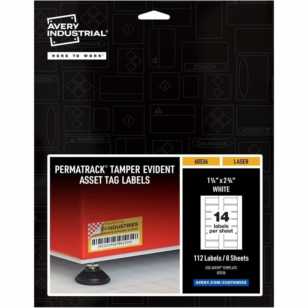 AVE60536 - PermaTrack Tamper-Evident Asset Tag Labels make it easy to create your own asset tags, bar-code labels, equipment tags, property tags and nameplates on demand, right from your laser printer. Allow 24 hours for the labels to set, and once lifted, these labels leave behind a checkered-pattern layer and cannot be reapplied, discouraging theft, tampering or warranty fraud. Chemical-resistant, tear-resistant and waterproof, these asset tags print smoothly without skewing or jamming. Use the free, online, Avery Design & Print software with bar-code generator to add text, graphics, serialized numbers or bar codes in just a few steps. Then print as many asset tags as you need when you need them, avoiding high minimum order quantities and long lead times from custom printing services. Tamper-Evident Asset Tags feature a strong adhesive to enable reliable identification and tracking for the life span of your asset. Each letter-size sheet includes 14 labels (1-1/4" x 2-3/4").
