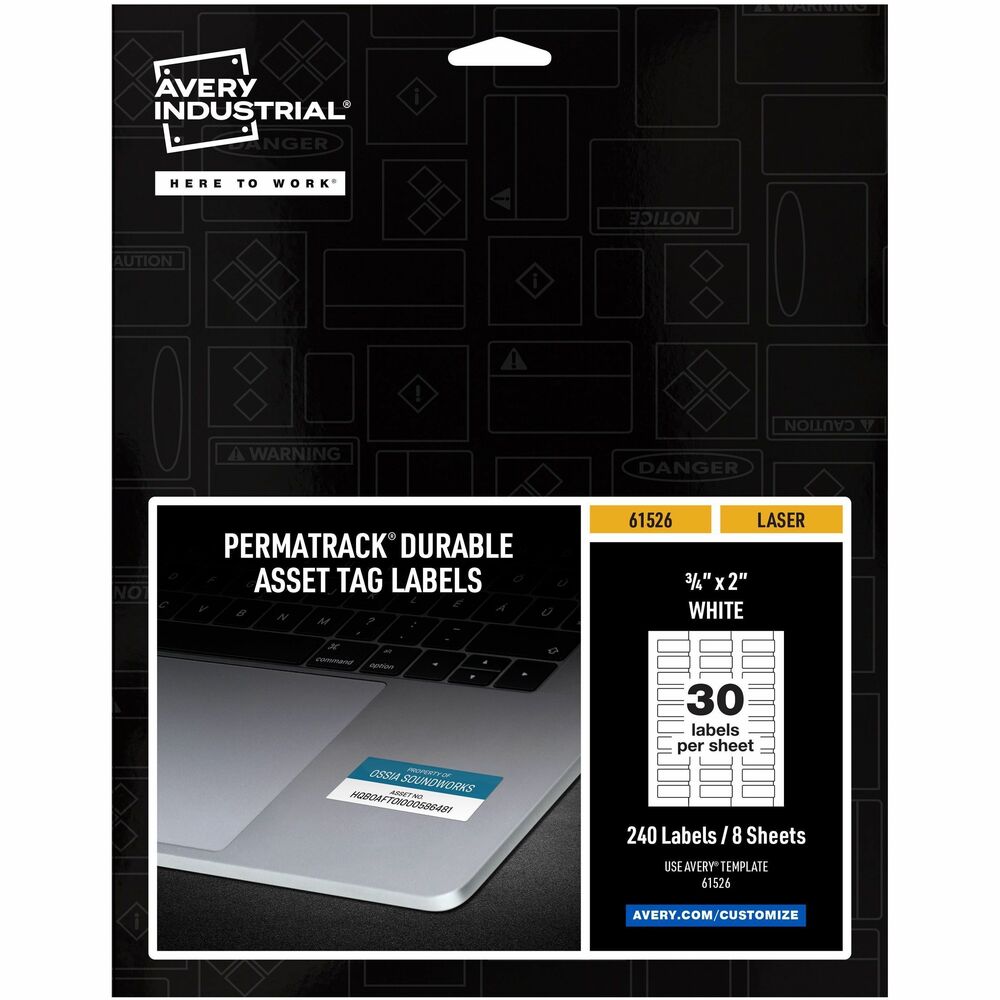 AVE61526 - PermaTrack Metallic Asset Tag Labels make it easy to create your own bar-code labels; equipment tags; property tags and nameplates on demand, right from your laser printer. They are optimized for superior print performance to print smoothly without skewing or jamming. Customize with text, graphics, serialized numbers and bar codes using the free, online, Avery Design & Print software with bar-code generator. Print as many asset tags as you need when you need them, avoiding high minimum order quantities and long lead times from custom printing services. PermaTrack Asset Tags in matte white feature a strong adhesive to enable reliable identification and tracking for the life span of your asset. Each letter-size sheet includes 30 labels (3/4" x 2").