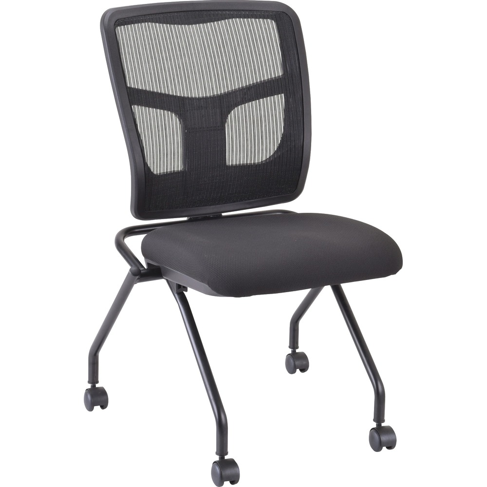 LLR84385 - Versatile, nesting chairs work great in your training or reception area. Mesh back and fabric seat both in black offer comfortable support. Four legs include swivel casters for easy chair movement. Metal frame features a powder-coat finish for durability. Seat flips up to allow chairs to nest for space-saving storage. Weight capacity is 275 lb.