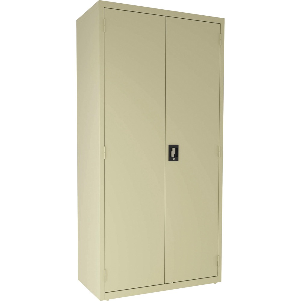 LLR00017 - Janitorial cabinet with four shelves offers a sturdy, private storage space to organize cleaning and maintenance supplies. Lock up belongings using the recessed locking handle with the three-point locking system and core-removable lock. Durable cabinet is made of welded steel. Three shelves adjust in 1" increments to fit your storage needs. Each shelf holds 180 lb. Tall compartment makes room for broom, mops and other long cleaning tools. Steel construction has a powder-coat finish to make it last longer. Cabinet features hinged doors for easy access and includes one key. It meets or exceeds ANSI/BIFMA standards.