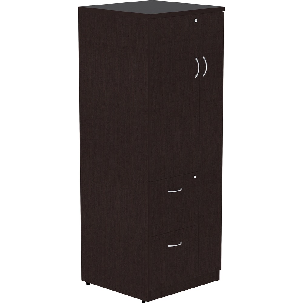 LLR18229 - Tall storage cabinet can be used with Lorell Essentials or Relevance Series with high-quality laminate construction and metal-to-metal, cam-lock connections. Design of the cabinet expands your storage opportunities with the varied sizes of compartments. Full-length compartment on the right features a door to conceal contents. On the left, the half-length compartment includes a locking door and two shelves. Bottom two drawers lock to secure your belongings and hold letter-size files. Durable, Espresso laminate surfaces provide a professional look and are abrasion-resistant. Back is finished on both sides. Cabinet is made of particleboard and medium-density fiberboard. Adjustable levelers help stabilize the cabinet on uneven surfaces.