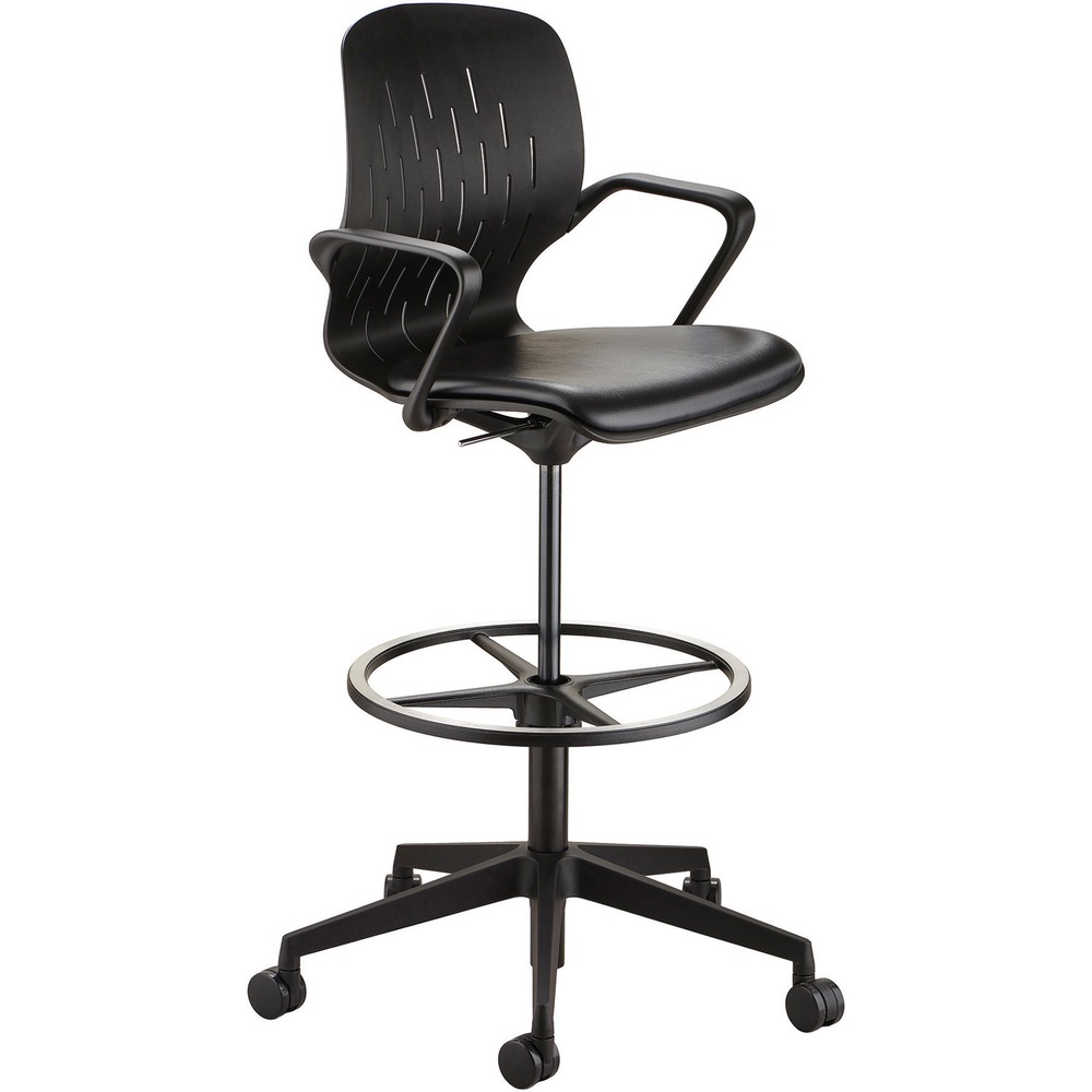 SAF7014BL - Shell Extended-Height Chair offers intuitive adjustments and a sleek design that fits into any space. With extended seat height from 22" to 32" , it pairs well with standing or adjustable-height desks to help promote more movement and a more active workday. Flat, adjustable footring around the base gives you support while sitting. Contoured plastic back delivers lumbar support. Seat naturally flexes to fit you comfortably. Black vinyl on the seat and arms provides another layer of comfort. The vinyl is also easy to clean. Holes in the back allow breathability. Casters on sturdy, five-star nylon base and 360-degree swivel capabilities make mobility easy.