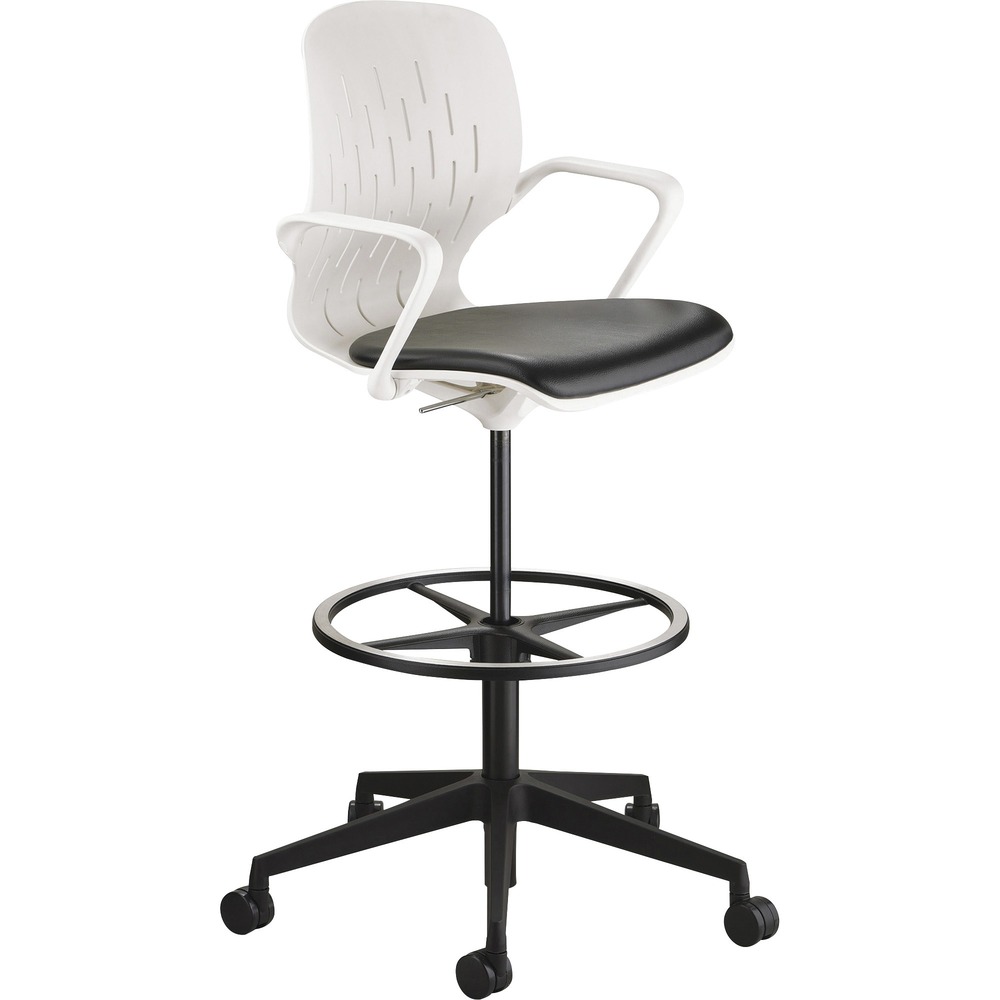 SAF7014WH - Shell Extended-Height Chair offers intuitive adjustments and a sleek design that fits into any space. With extended seat height from 22" to 32" , it pairs well with standing or adjustable-height desks to help promote more movement and a more active workday. Flat, adjustable footring around the base gives you support while sitting. Contoured plastic back delivers lumbar support. Seat naturally flexes to fit you comfortably. Black vinyl on the seat and arms provides another layer of comfort. The vinyl is also easy to clean. Holes in the back allow breathability. Casters on sturdy, five-star nylon base and 360-degree swivel capabilities make mobility easy.