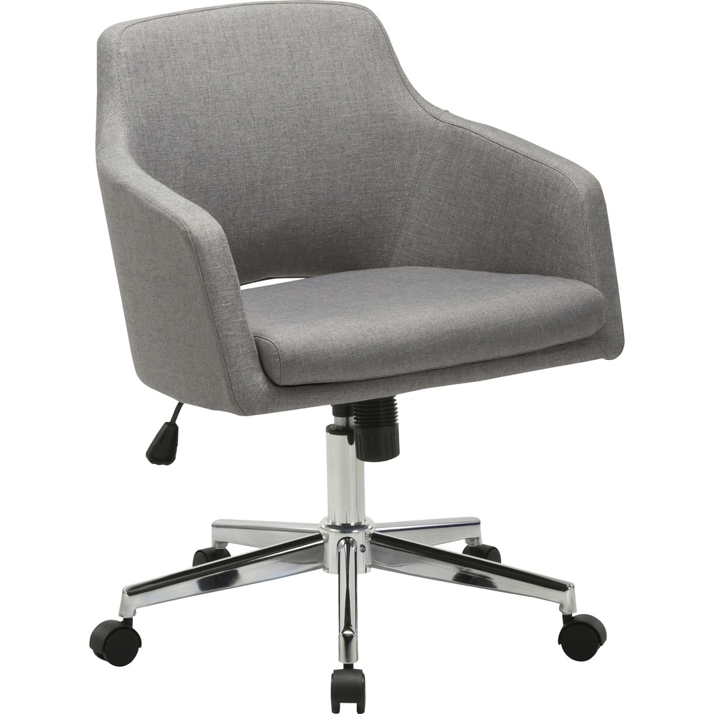 LLR68570 - Mid-century modern-inspired task chair with low-profile arms is upholstered with stylish gray fabric for a professional look. Seat, back and arms are cushioned for comfort. Simple design features 360-degree swivel and seat-height adjustment. Chair adjusts in height from 31-7/8" to 34-7/8". Five-star chrome base is equipped with smooth-rolling casters. More from the Manufacturer