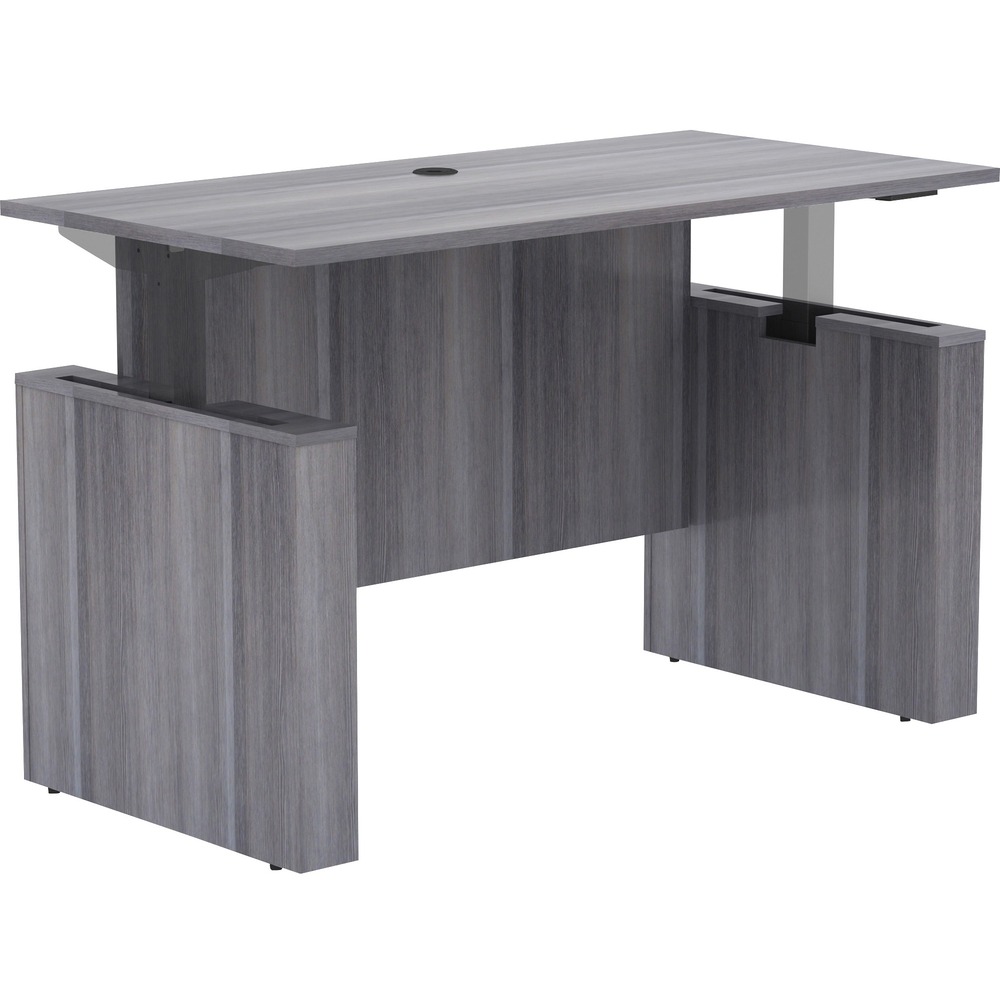LLR69572 - Sit-to-Stand Desk Shell is part of Lorell Essentials Series Laminate Furniture with high-quality laminate construction and metal-to-metal, cam-lock connections. Weathered Charcoal laminate top with 3mm PVC edges is 1" thick for durability and features a grommet for easy cord management. Set includes a full modesty panel for privacy and leg panels with adjustable feet. With a height range of 27-1/2" to 47" , the Lorell Sit-to-Stand Electric Adjustable Bar (sold separately) raises the desk from 29" to 49" high. More from the Manufacturer