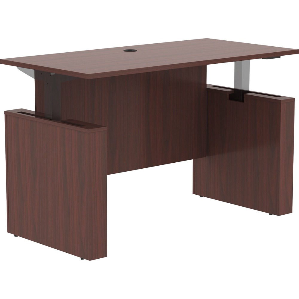 LLR69571 - Sit-to-Stand Desk Shell is part of Lorell Essentials Series Laminate Furniture with high-quality laminate construction and metal-to-metal, cam-lock connections. Mahogany laminate top with 3mm PVC edges is 1" thick for durability and features a grommet for easy cord management. Set includes a full modesty panel for privacy and leg panels with adjustable feet. With a height range of 27-1/2" to 47" , the Lorell Sit-to-Stand Electric Adjustable Bar (sold separately) raises the desk from 29" to 49" high. More from the Manufacturer