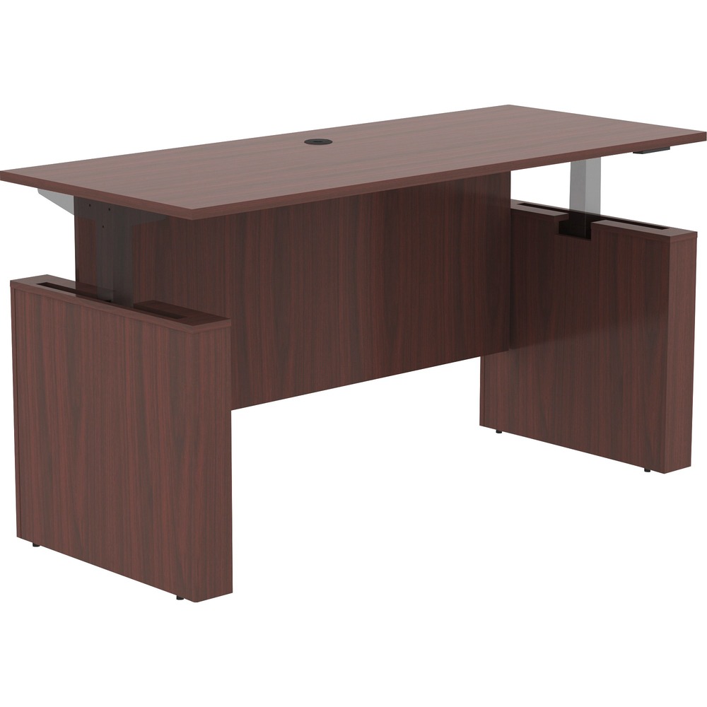 LLR69574 - Sit-to-Stand Desk Shell is part of Lorell Essentials Series Laminate Furniture with high-quality laminate construction and metal-to-metal, cam-lock connections. Mahogany laminate top with 3mm PVC edges is 1" thick for durability. Set includes a full modesty panel for privacy and leg panels with adjustable feet. With a height range of 27-1/2" to 47" , the Lorell Sit-to-Stand Electric Adjustable Bar (sold separately) raises the desk from 29" to 49" high. More from the Manufacturer