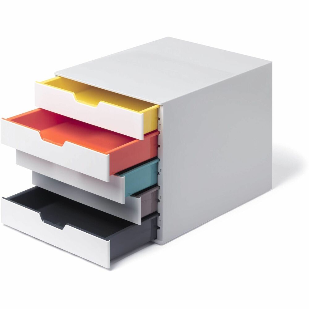 DBL762527 - Five color-coded drawers for sorting documents, office supplies, and other items. Transparent label holders included with easy-to-update printable inserts. Made from premium acrylic. Drawers operate smoothly and silently with built-in stops. Anti-slip base pads prevent slipping and scratches. Stackable or side by side in standard storage cabinets and bookcases. Suitable for letter-size documents. 11 (H) x 11.5 (W) x 14 (D) in. White and multicolor. More from the Manufacturer