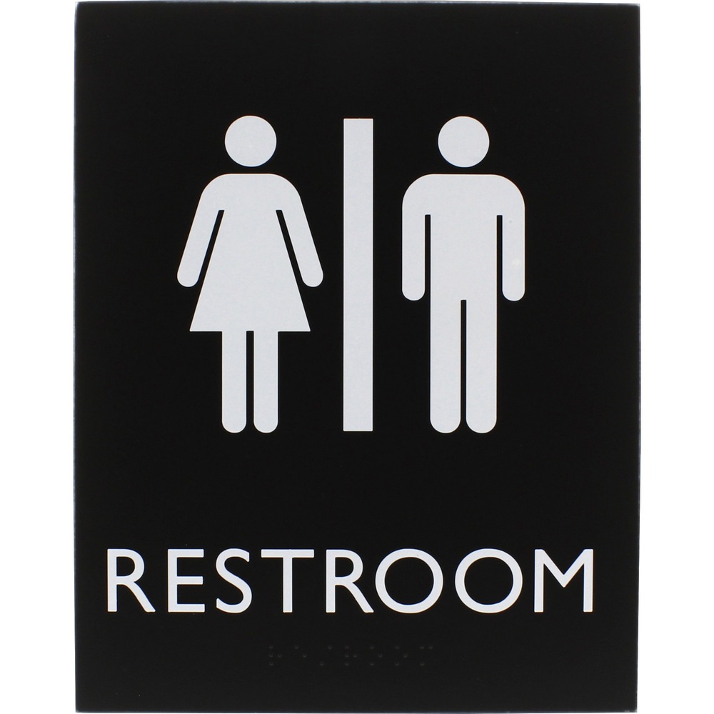 LLR02663 - Restroom sign for all genders features a tamper-resistant, protective lens to keep your sign looking like new for lasting readability. Female pictogram, male pictogram and capital letters that display the word restroom are colored white and positioned on top of a black background for a professional look. ADA-compliant sign also includes braille that is directly below the text to ensure everyone can read the message. Included foam tape secures instantly to surfaces for quick display in a visible location.