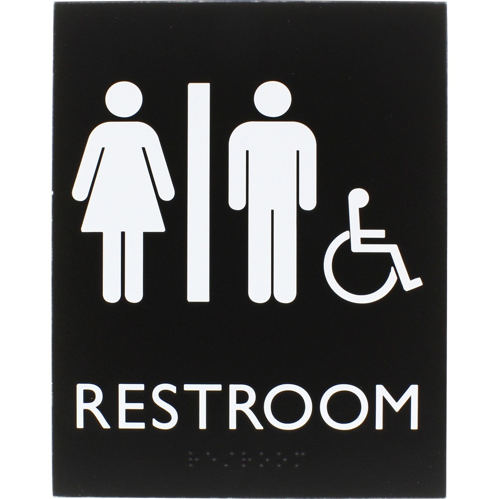 LLR02664 - Accessible restroom sign for all genders features a tamper-resistant, protective lens to keep your sign looking like new for lasting readability. Female pictogram, male pictogram, accessible pictogram and capital letters that display the word restroom are colored white and positioned on top of a black background for a professional look. ADA-compliant sign also includes braille that is directly below the text to ensure everyone can read the message. Included foam tape secures instantly to surfaces for quick display in a visible location.
