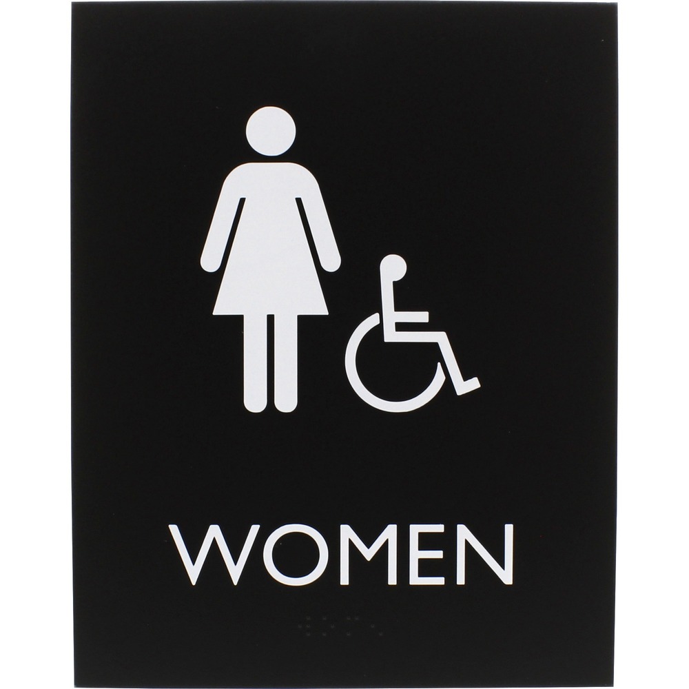 LLR02666 - Accessible restroom sign for women features a tamper-resistant, protective lens to keep your sign looking like new for lasting readability. Female pictogram, accessible pictogram and capital letters that display the word women are colored white and positioned on top of a black background for a professional look. ADA-compliant sign also includes braille that is directly below the text to ensure everyone can read the message. Included foam tape secures instantly to surfaces for quick display in a visible location.