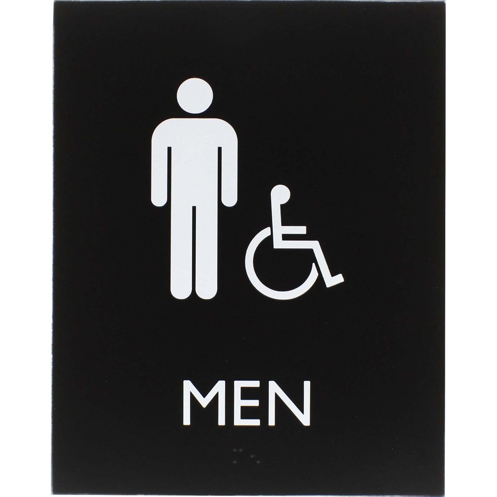 LLR02668 - Accessible restroom sign for men features a tamper-resistant, protective lens to keep your sign looking like new for lasting readability. Male pictogram, accessible pictogram and capital letters that display the word men are colored white and positioned on top of a black background for a professional look. ADA-compliant sign also includes braille that is directly below the text to ensure everyone can read the message. Included foam tape secures instantly to surfaces for quick display in a visible location.