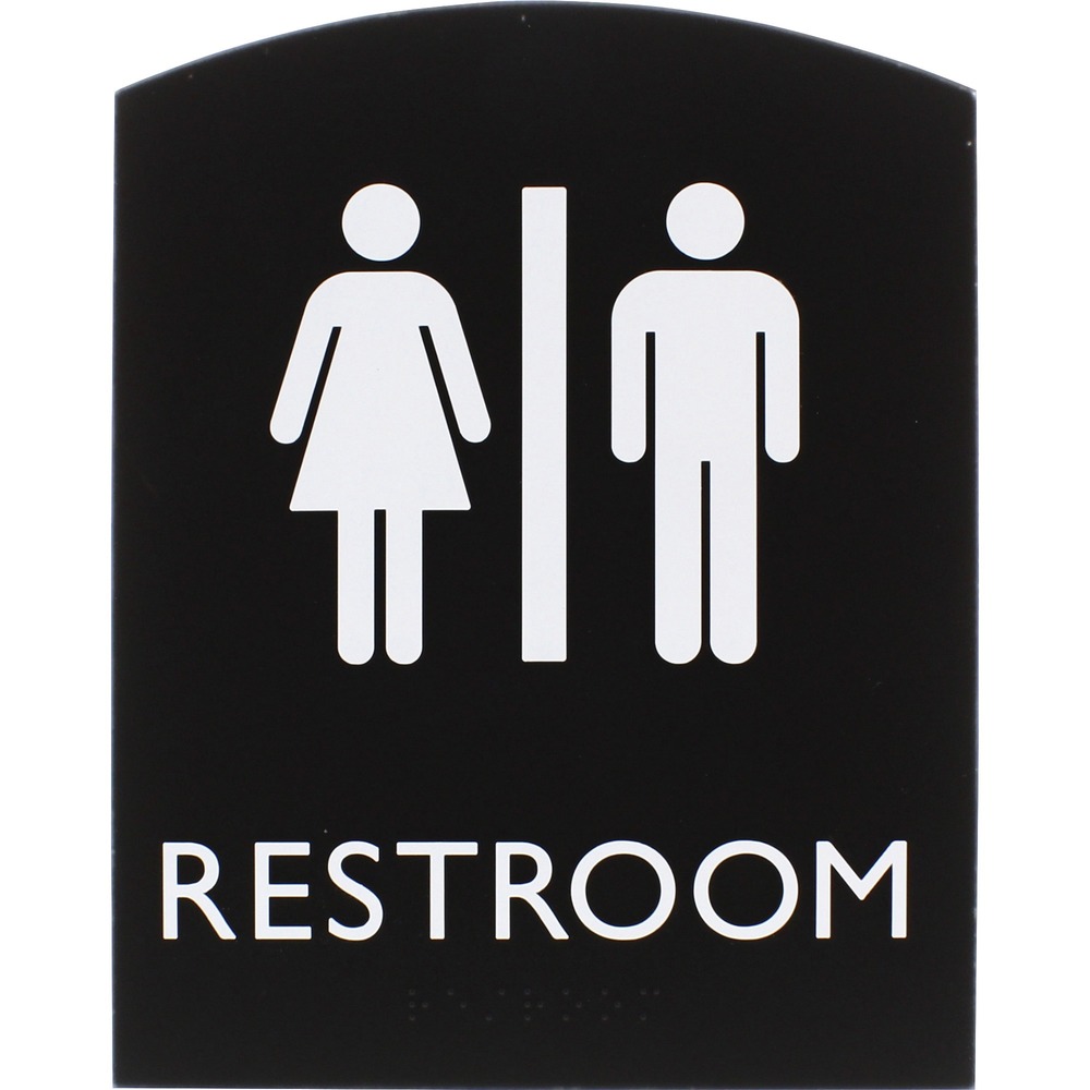 LLR02672 - Restroom sign for all genders features a tamper-resistant, protective lens to keep your sign looking like new for lasting readability. Female pictogram, male pictogram and capital letters that display the word restroom are colored white and positioned on top of a black background for a professional look. ADA-compliant sign also includes braille that is directly below the text to ensure everyone can read the message. Included foam tape secures instantly to surfaces for quick display in a visible location.