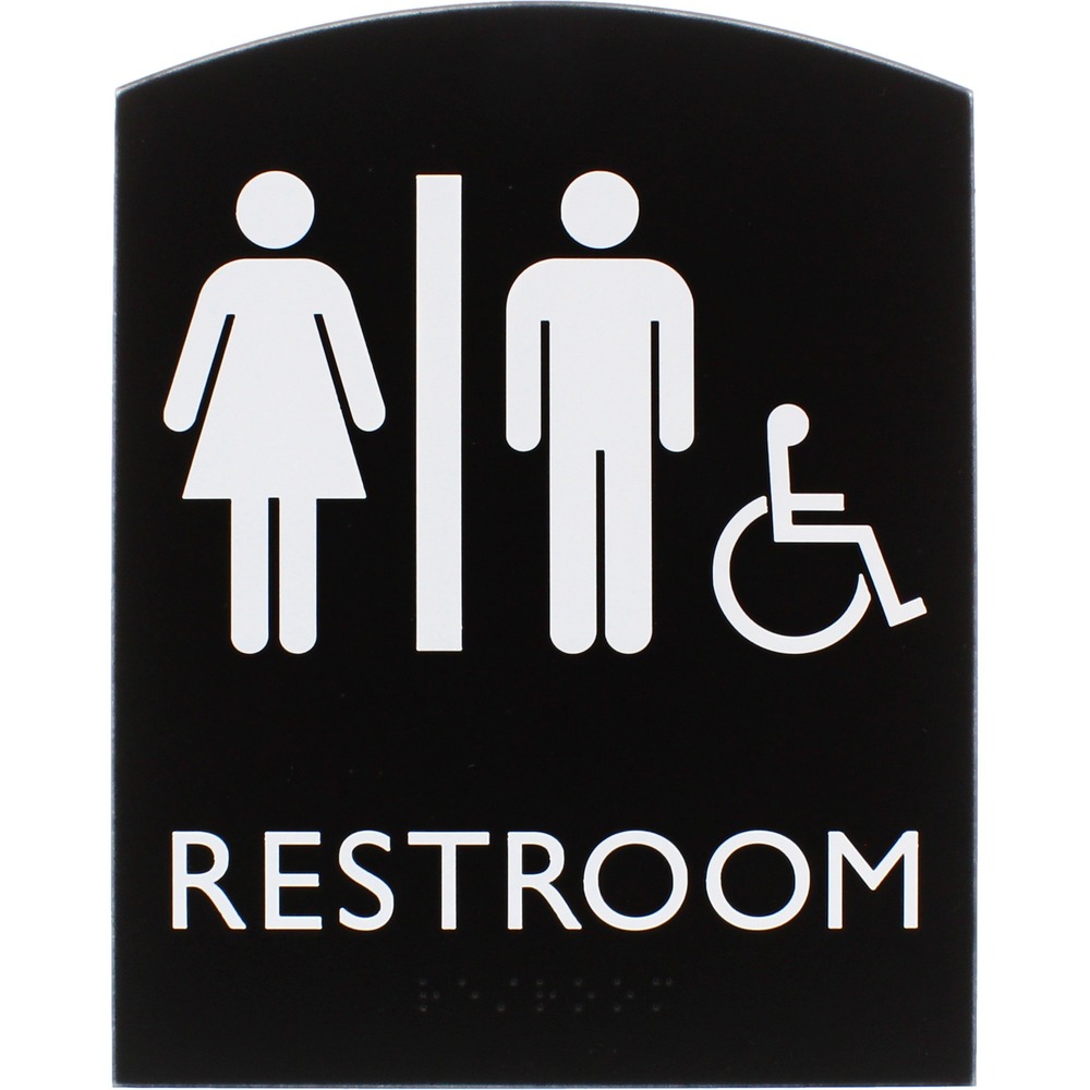 LLR02673 - Accessible restroom sign for all genders features a tamper-resistant, protective lens to keep your sign looking like new for lasting readability. Female pictogram, male pictogram, accessible pictogram and capital letters that display the word restroom are colored white and positioned on top of a black background for a professional look. ADA-compliant sign also includes braille that is directly below the text to ensure everyone can read the message. Included foam tape secures instantly to surfaces for quick display in a visible location.